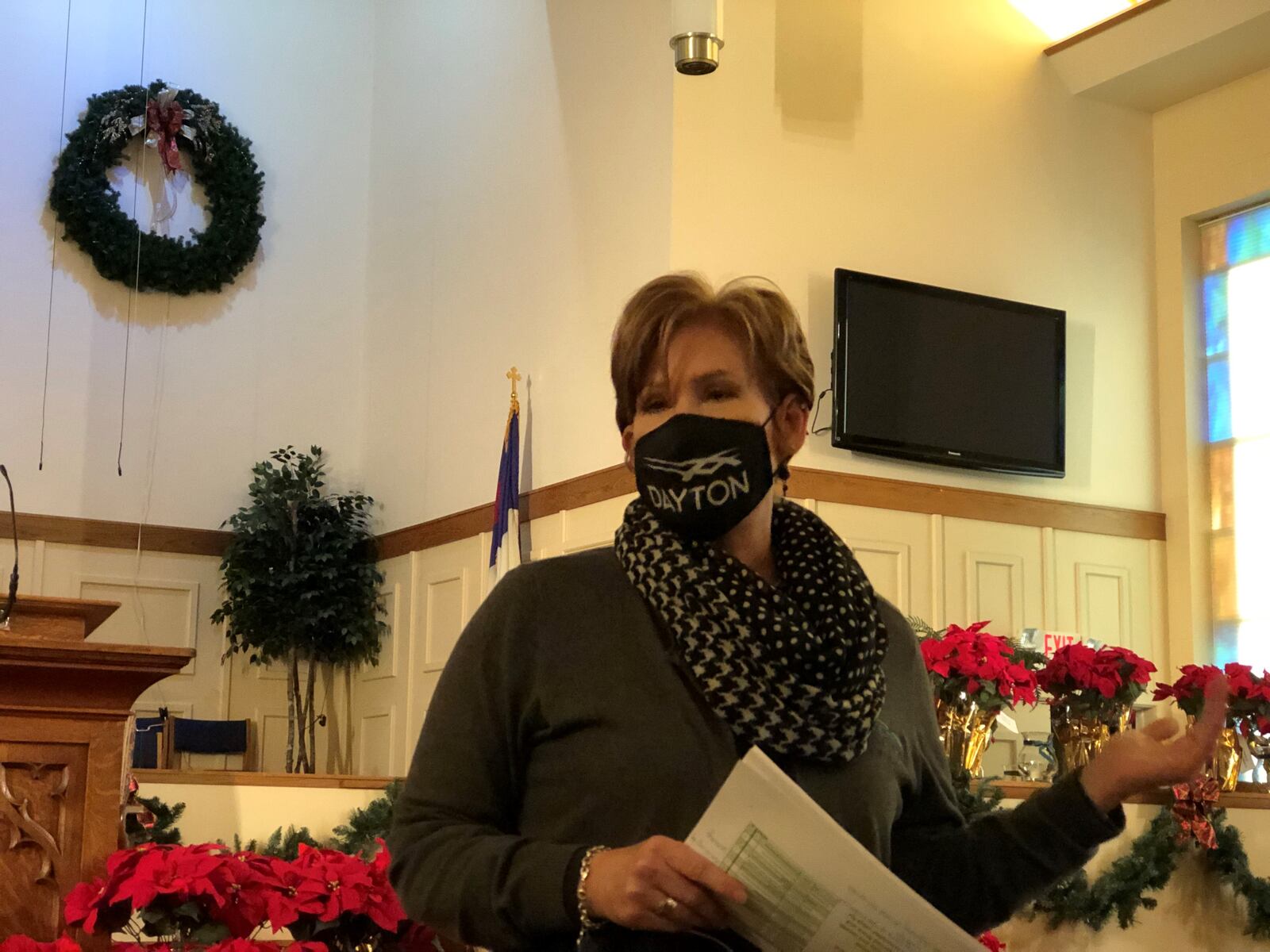 Dayton City Manager Shelley Dickstein at a community meeting Wednesday morning at North Dayton Baptist Church. Dickstein discussed the city's proposed spending plan for $138 million in federal rescue funds. CORNELIUS FROLIK / STAFF