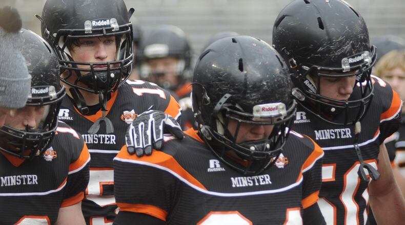 Minster lost to Warren JFK in last year’s D-VII high school football state championship at Ohio Stadium in Columbus. MARC PENDLETON / STAFF