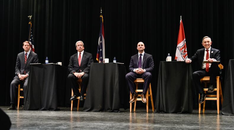 The Journal-News and WLWT-TV sponsored this fifth Ohio Democratic Party sanctioned debate for governor candidates hosted by Miami University Regionals Tuesday, April 10 at Finkelman Auditorium on the campus of Miami University Middletown. Candidates in attendance were, left to right, former Ohio Attorney General Richard Cordray, former Ohio Supreme Court Justice Bill O'Neill, Ohio Senator Joe Schiavoni and former congressman Dennis Kucinich. NICK GRAHAM/JOURNAL-NEWS