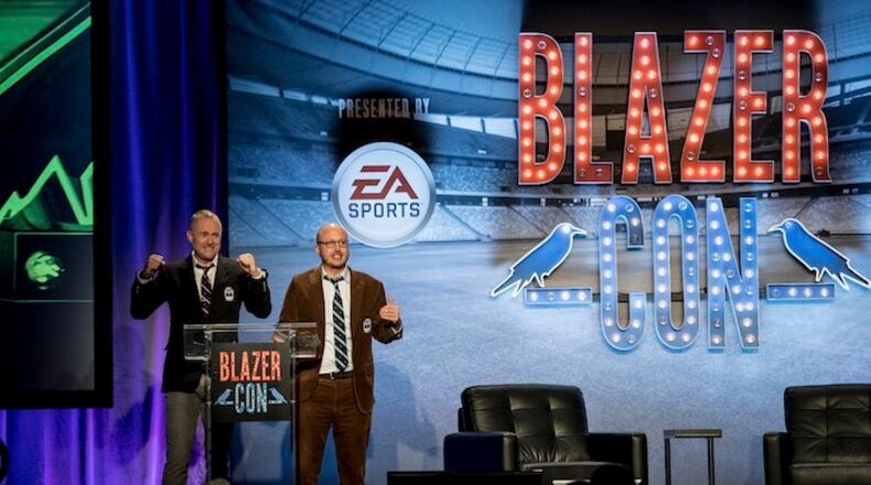 Roger Bennett, right, and Michael Davies, the Men in Blazers duo, at the first BlazerCon in New York, Nov. 13, 2015. BlazerCon was equal parts academic conference and cultural happening, a place for soccer fans to mingle, but also a kind of informal trade show for international leagues and club executives to pitch themselves to the sport’s growing American fan base. (Andrew Renneisen/The New York Times)