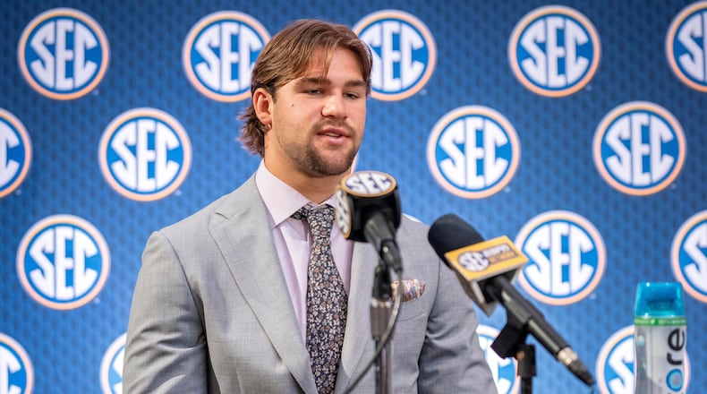 FILE - Vanderbilt linebacker Langston Patterson takes questions during the Southeastern Conference NCAA college football media days July 15, 2024, in Dallas. (AP Photo/Jeffrey McWhorter, File)
