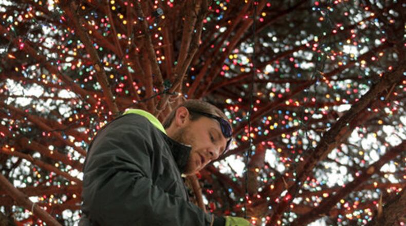 Back in 2008, Joel Thomas, a Dayton forestry department employee, works the inside job -- inside the mammoth blue spruce that is the centerpiece of Christmas decorations at Courthouse Square -- stringing some of 50,000 tree lights on the tree.