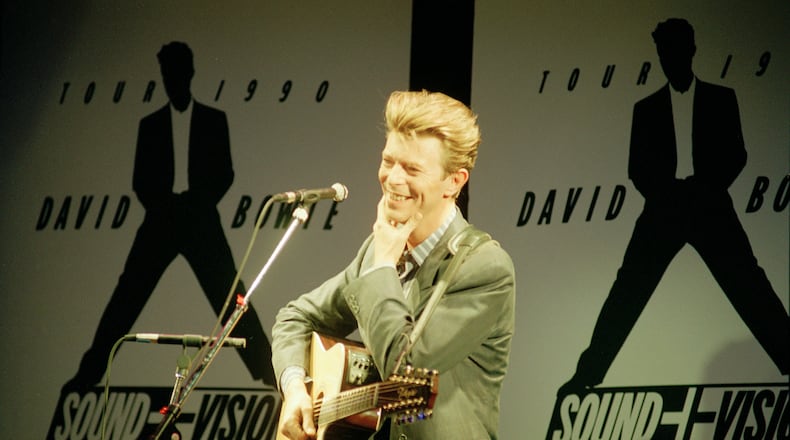 FILE - Rock star David Bowie attends a press conference in Los Angeles, C.A. on March 16, 1990. (AP Photo/Marilyn Weiss, File)
