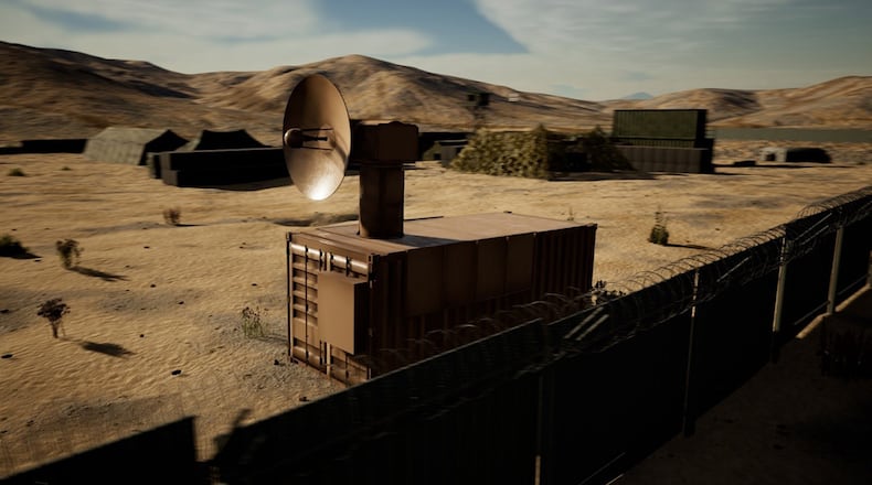 Shown is an artist rendering of the Air Force Research Laboratory’s Tactical High-power Operational Responder, or THOR. THOR is a portable counter-UAS system, capable of destroying swarms of drones at speed-of-light, at long range, in its base defense mission. COURTESY GRAPHIC