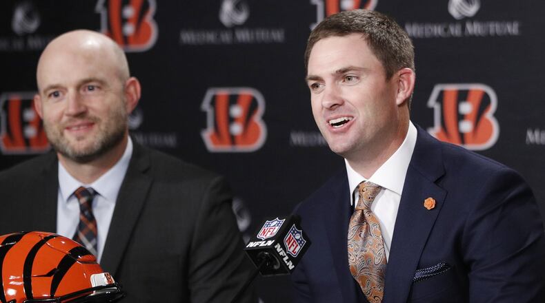 CINCINNATI, OH - FEBRUARY 05: Zac Taylor speaks to the media as Cincinnati Bengals director of player personnel Duke Tobin looks on after being introduced as the new head coach for the Bengals at Paul Brown Stadium on February 5, 2019 in Cincinnati, Ohio. (Photo by Joe Robbins/Getty Images)