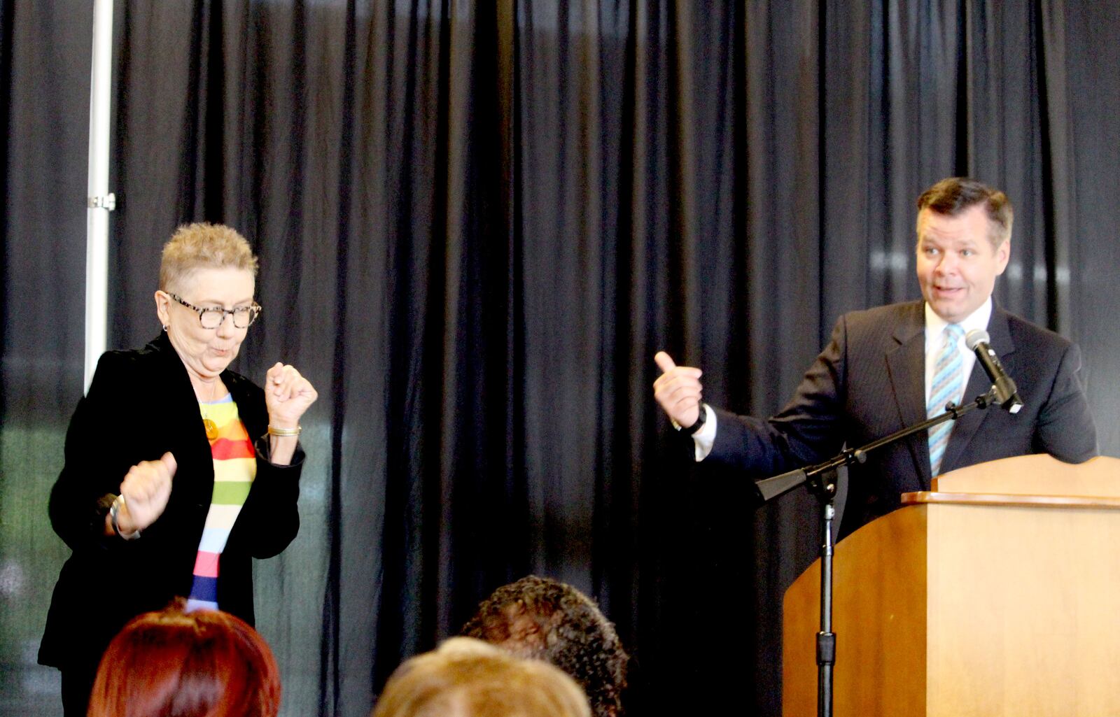 Three-time Oscar nominee Julia Reichert on stage with WHIO's James Brown at the 2018 Dayton Region's Walk of Fame Luncheon .