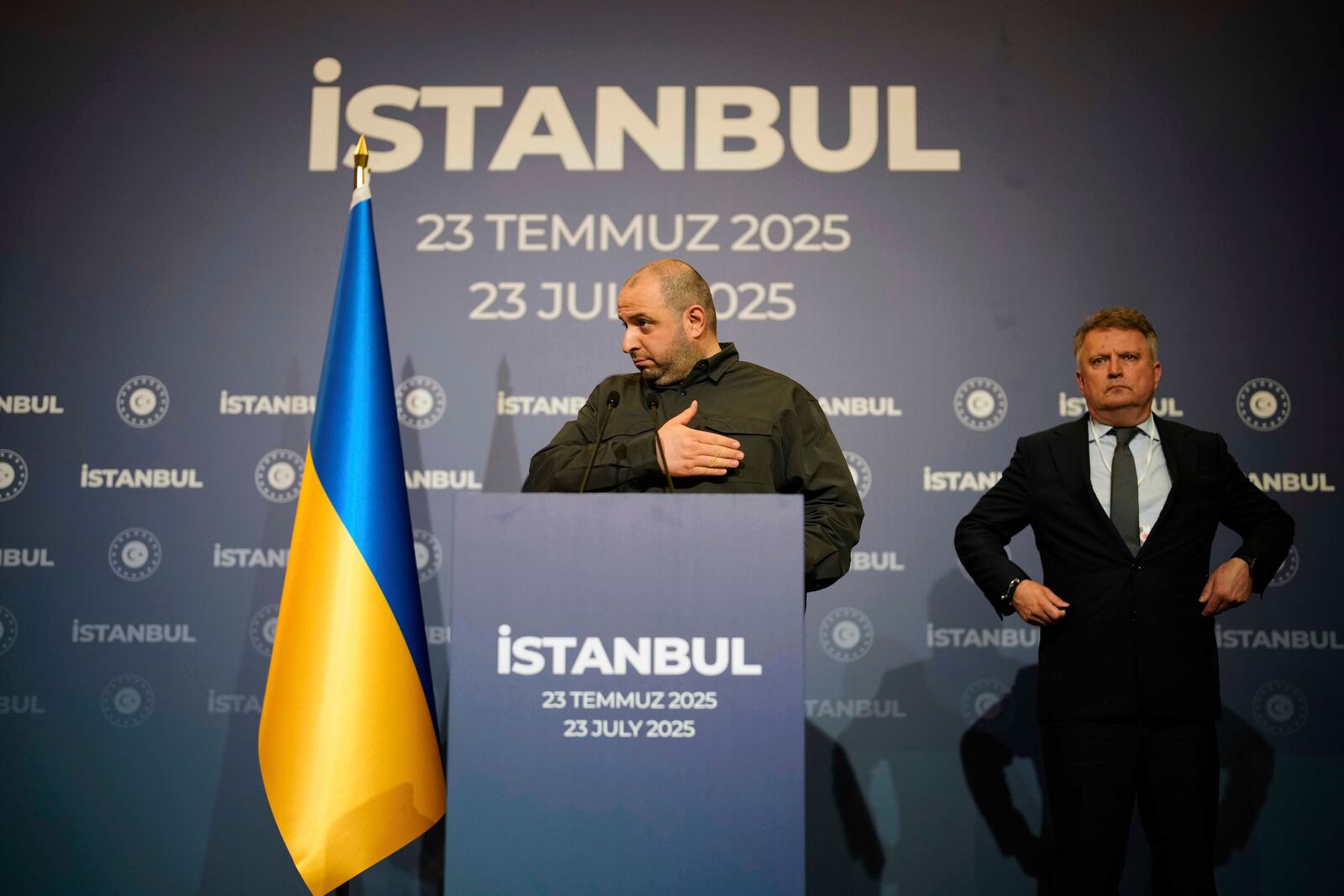 Ukraine's Defense Minister Rustem Umerov, left, gestures during a news conference following a meeting between Russian and Ukrainian delegations for peace talks at Ciragan palace, in Istanbul, Turkey, Wednesday, July 23, 2025. (AP Photo/Emrah Gurel)