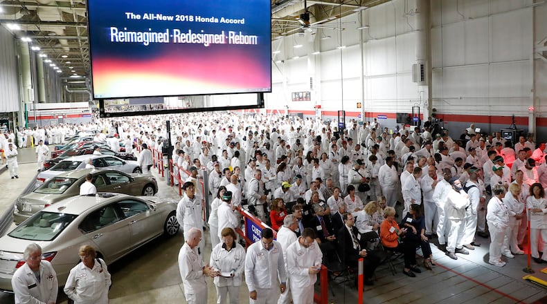 Hundreds of Honda Asoociates gathered for the unveiling of the all new 2018 Honda Accord at the Marysville plant. Bill Lackey/Staff