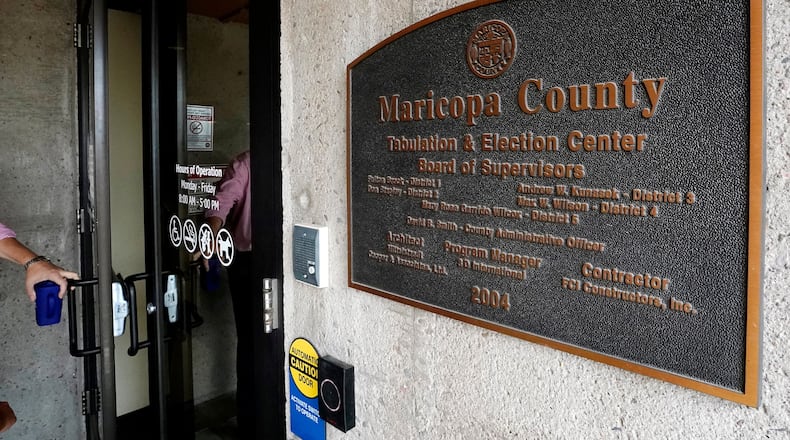 FILE - The main entrance at the Maricopa County Elections Department in Phoenix, Sept. 8, 2022. (AP Photo/Ross D. Franklin, File)