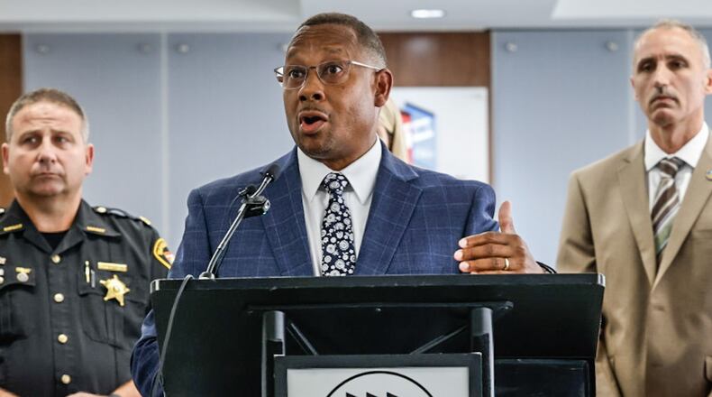 Montgomery County Administer Michael Colbert reveals to the public Friday Sept. 22, 2023, the county's plan to renovate the county jail at a press conference at the administration building. JIM NOELKER/STAFF