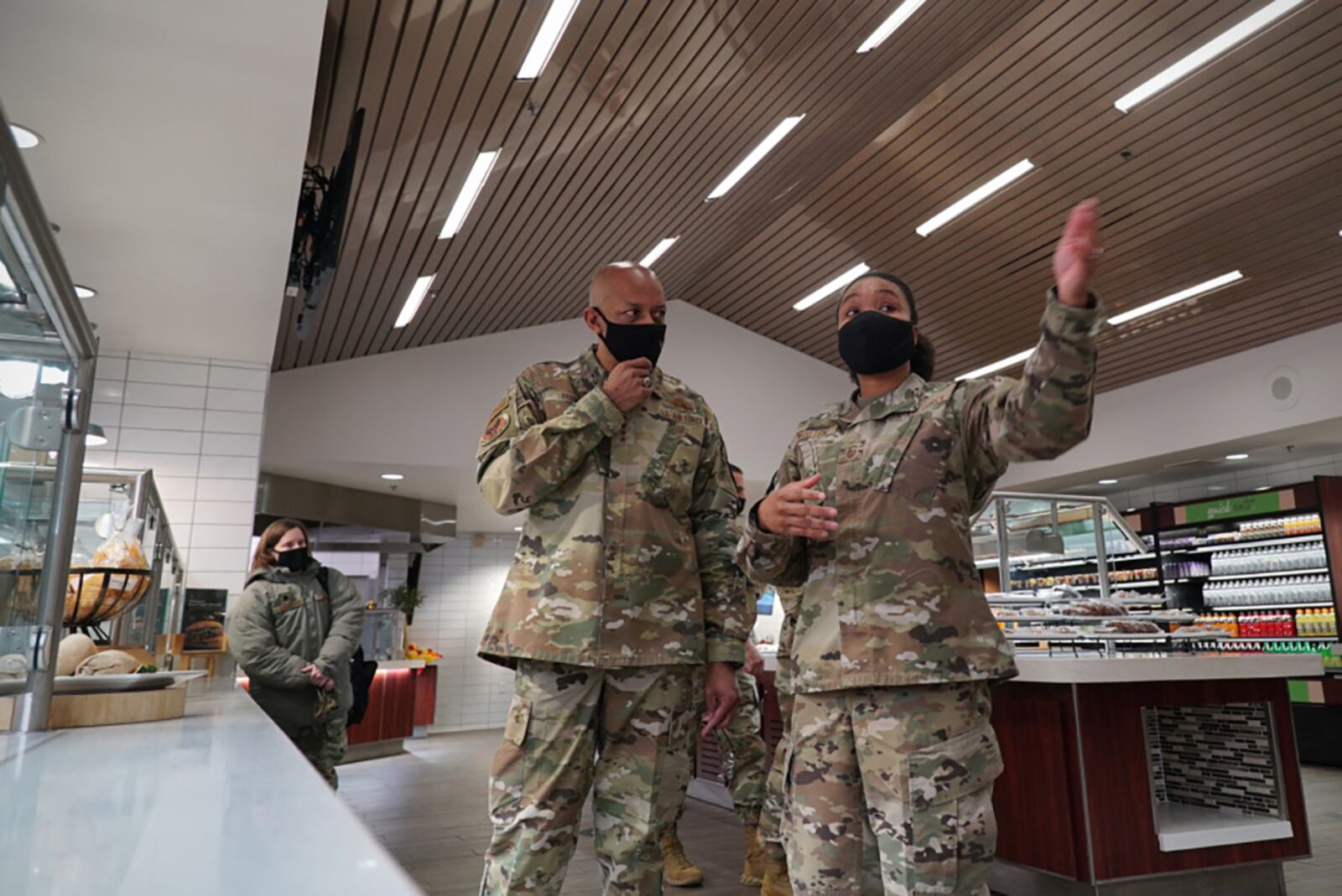Air Force Chief of Staff Charles Q. Brown, Jr. is briefed by Senior Master Sgt. LaShonna Wooten, 319th Force Support Squadron sustainment services flight superintendent about changes to the Airey Dining Facility following its Food 2.0 initiative in 2018 at Grand Forks Air Force Base, North Dakota, Feb. 17. The Food 2.0 initiative included cosmetic structural upgrades to the DFAC, as well as a multitude of newer and healthier food choices for Airmen. U.S. AIR FORCE PHOTO/STAFF SGT. ELORA J. MCCUTCHEON
