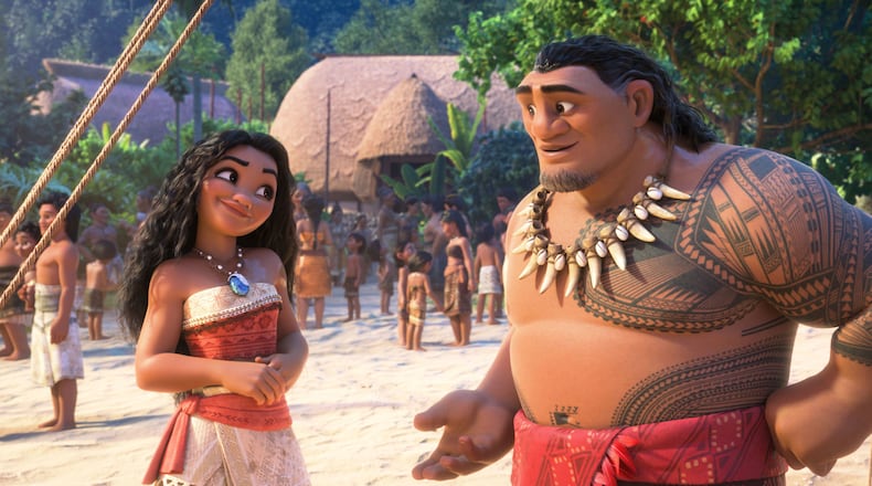 This image released by The Walt Disney Studios shows the characters Moana, voiced by Auli'i Cravalho, left, and Chief Tui, voiced by Temuera Morrison, in a scene from "Moana 2." (The Walt Disney Studios via AP)