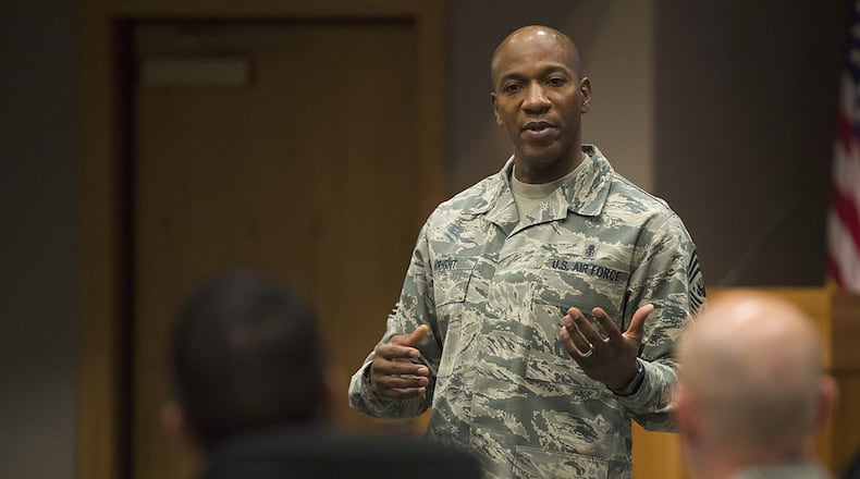 Chief Master Sgt. of the Air Force Kaleth O. Wright answers questions during the Air Force Materiel Command’s Chief Orientation Course Feb. 8 in the AFMC headquarters building, Wright-Patterson Air Force Base. The course was attended by the command’s senior master sergeants who have been selected for advancement to the rank of chief master sergeant. (U.S. Air Force photo/R.J. Oriez)