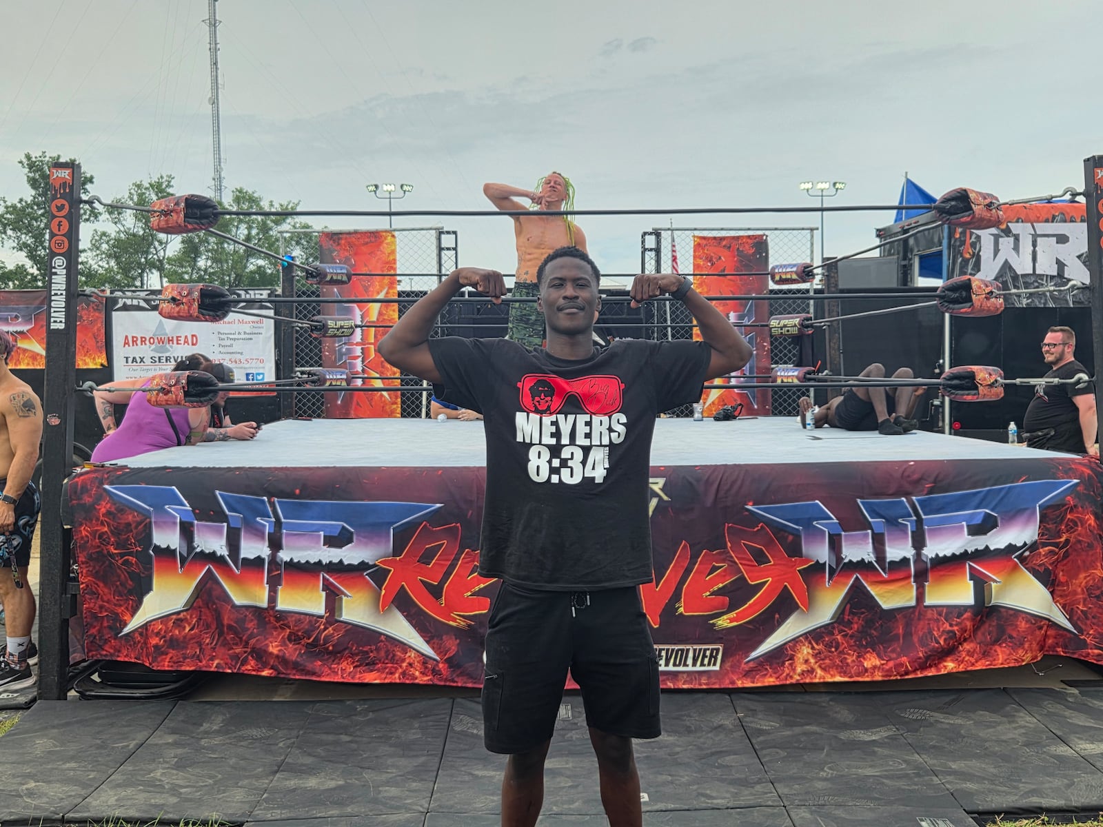 Wrestler Brandon Collymore (BDE) flexes in front of the Wrestling Revolver ring at the Montgomery County Fairgrounds. ROB BLANKENSHIP / STAFF