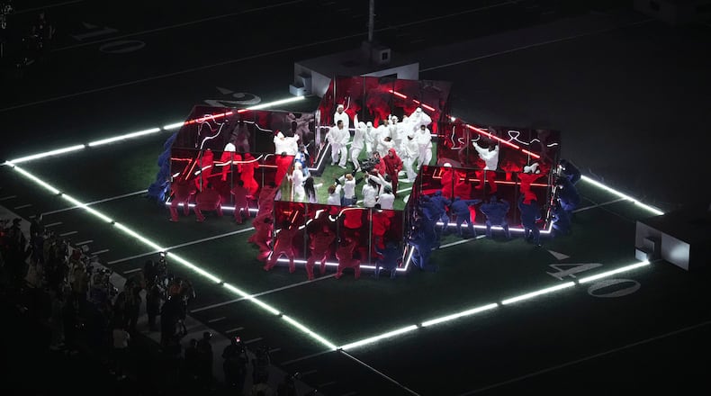 FILE - Kendrick Lamar performs during halftime of the NFL Super Bowl 59 football game between the Kansas City Chiefs and the Philadelphia Eagles in New Orleans on Feb. 9, 2025. (AP Photo/AJ Mast, File)
