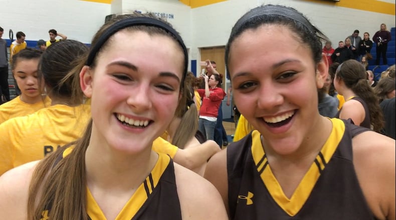 Alter senior Libby Bazelak (left) and Braxtin Miller were named to the D-II All-Ohio girls high school basketball first team. MARC PENDLETON / STAFF