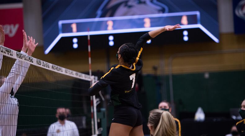 Wright State's Nyssa Baker goes up for a kill against Green Bay on March 22, 2021. Joseph Craven/Wright State Athletics