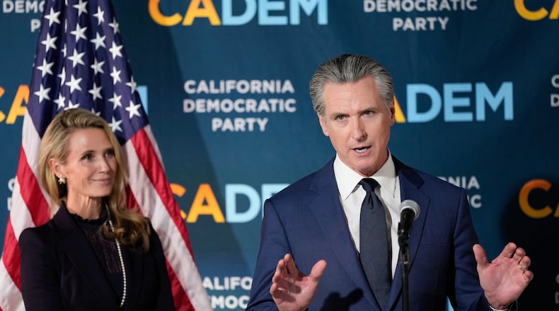 California Gov. Gavin Newsom speaks during an election night press conference at a California Democratic Party office Tuesday, Nov. 4, 2025, in Sacramento, Calif. (AP Photo/Godofredo A. Vásquez)