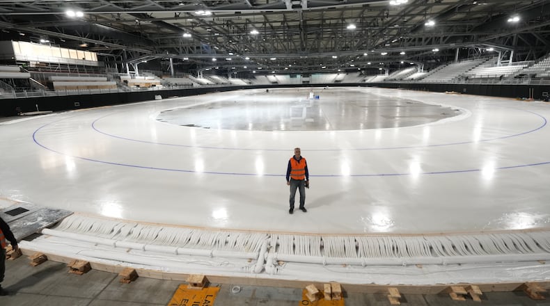 Ice Master Mark Messer poses in the stadium where speed skating discipline of the Milan Cortina 2026 Winter Olympics will take place, in Rho, outskirt of Milan, Tuesday, Nov. 11, 2025. (AP Photo/Luca Bruno)