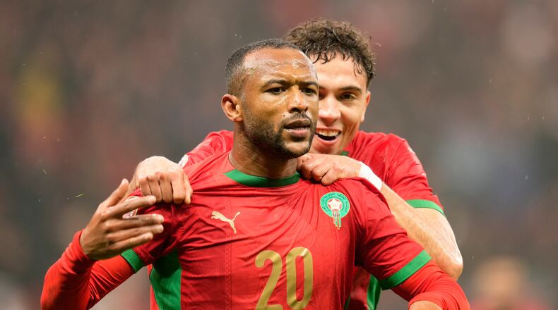 Morocco's Ayoub El Kaabi celebrates after scoring during the Africa Cup of Nations group A soccer match between Morocco and Comoros in Rabat, Morocco, Sunday, Dec. 21, 2025. (AP Photo/Mosa'ab Elshamy)