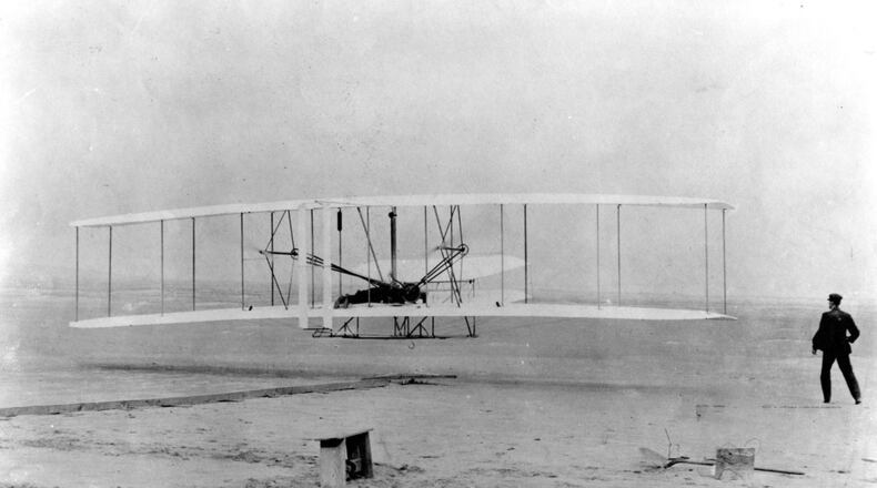 Orville and Wilbur Wright’s first flight, Dec. 17, 1903, at Kittyhawk, N.C. Activities on Family Day Aug. 18 from 9 a.m. to 3 p.m. at the National Museum of the U.S. Air Force will celebrate National Aviation Day. (U.S. Air Force photo)