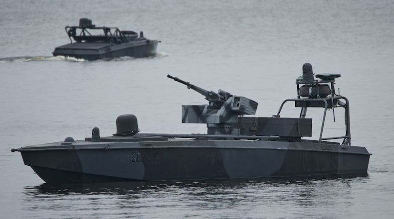 FILE - Sea Baby drones ride on the water during a demonstration by Ukraine's Security Service in an undisclosed location in Ukraine Friday, Oct. 17, 2025. (AP Photo/Efrem Lukatsky, File)