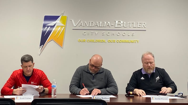 Vandalia school board members from left, Scott Fullam, Rodney Washburn and Daniel Pierron. Eileen McClory / staff