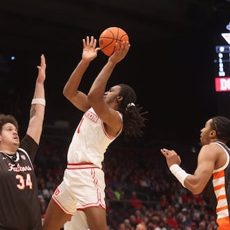 Dayton's Malcolm Thomas shoots during an exhibition game against Bowling Green on Monday, Oct. 27, 2025, at UD Arena. David Jablonski/Staff