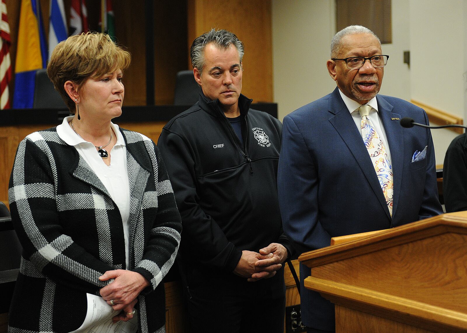 Dayton City Manager Shelley Dickstein, left Dayton Fire Chief Jeff Lykins and Mayor Jeffrey J. Mims gave an update Thursday afternoon, March 9, 2023 after the bodies of five people were recovered Wednesday from the debris of a massive house fire in the 500 block of North Broadway Street. MARSHALL GORBY\STAFF