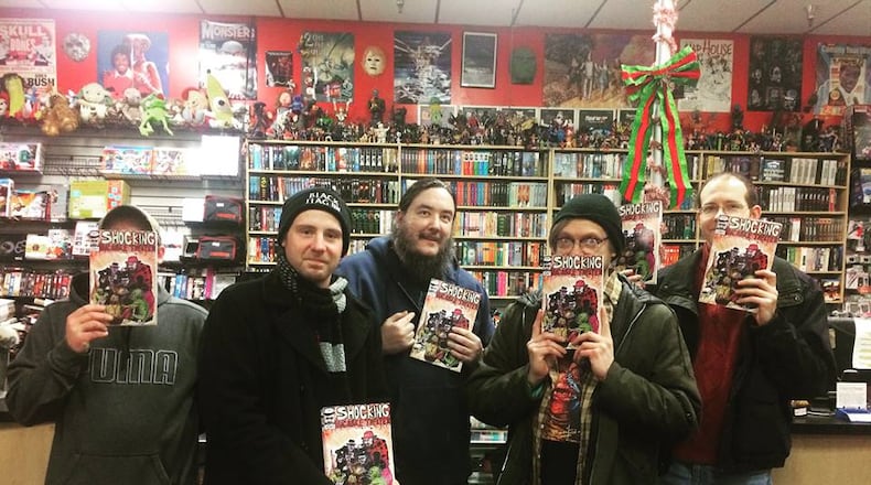 Sparkle Comics is an independent comic book company from Dayton, specializing in comic books for kids and adults alike. L-R Sparkle Comics writers and illustrators: Jason Gilmore, Damien Brunk, Matthew Brassfield, Jason Young and Jeremy Hoyt. Provided photo.