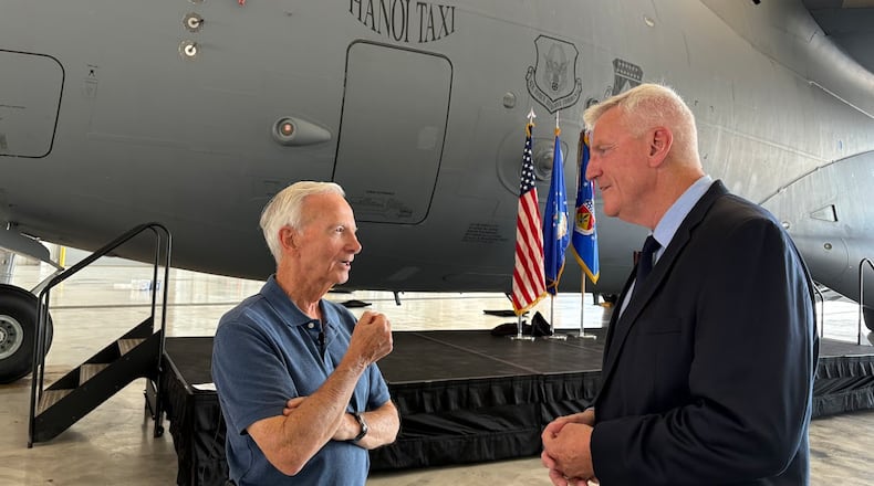 From left: Al Bailey, a Vietnam War veteran and president of Honor Flight, speaks with Honor Flight founder Earl Morse at the 445th Airlift Wing at Wright-Patterson Air Force Base Friday Sept. 19, 2025. Honor Flight will fly 167 veterans to Washington D.C. on two of the 445th's C-17s on Sunday, Sept. 21. THOMAS GNAU/STAFF