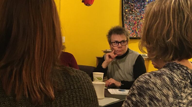 Parents of Yellow Springs students asked questions and expressed concerns with Superintendent Terri Holden during her first “Coffee Talks with Terri” event at the Emporium Wines & Underdog Cafe Tuesday Nov. 19, 2019. RICHARD WILSON/STAFF