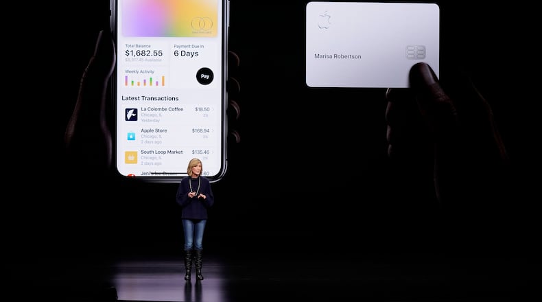 FILE - In this March 25, 2019, file photo, Jennifer Bailey, vice president of Apple Pay, speaks about the Apple Card at the Steve Jobs Theater in Cupertino, Calif. (AP Photo/Tony Avelar, File)