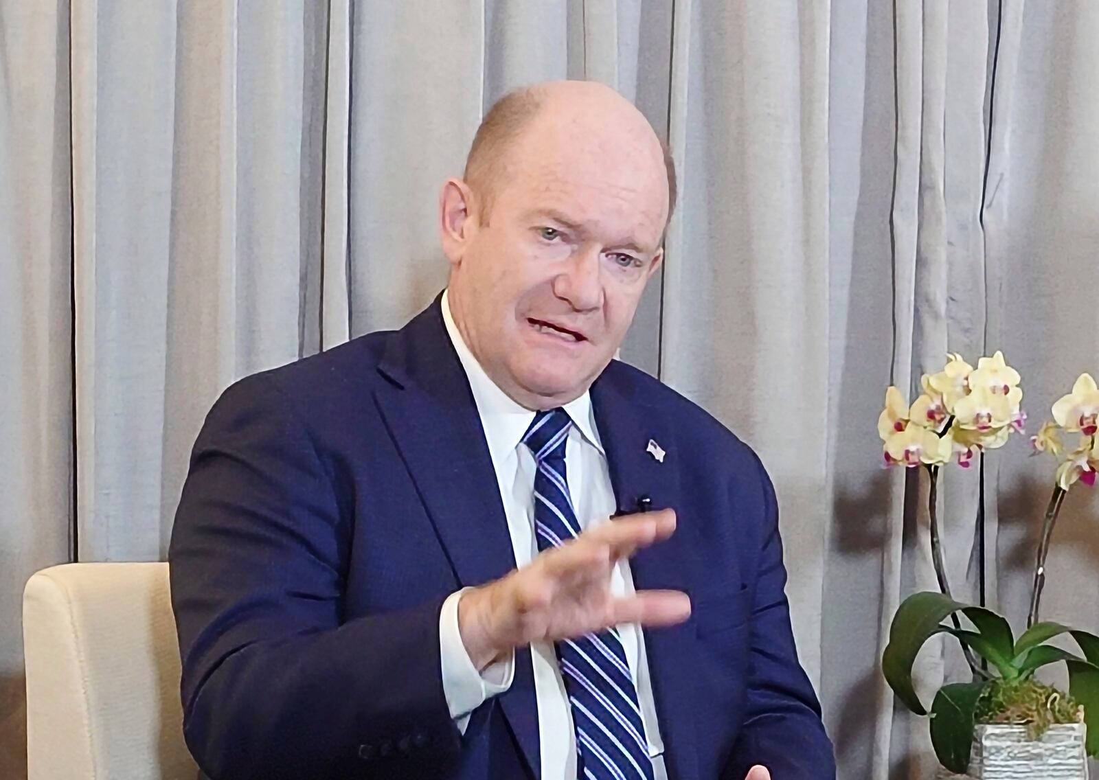U.S. Senator Chris Coons is interviewed by the Associated Press in Taipei, Taiwan, Thursday, April 17, 2025. (AP Photo/Chiang Ying-ying)