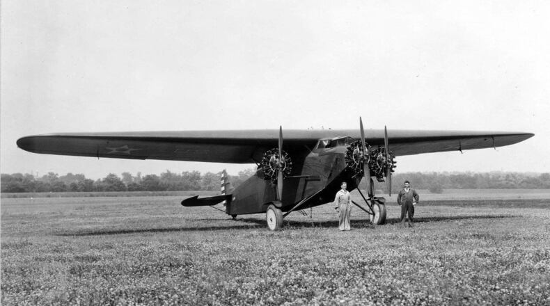 1st Lt. Lester J. Maitland and 1st Lt. Albert F. Hegenberger stand in front of the ‘Bird of Paradise.’ (U.S. Air Force photo)