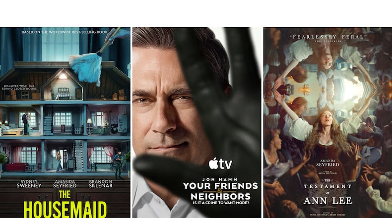 This combination of images shows promotional art for the film "The Housemaid," left, the series "Your Friends & Neighbors," center, and the film "The Testament of Ann Lee." (Lionsgate/Apple TV/Searchlight Pictures via AP)