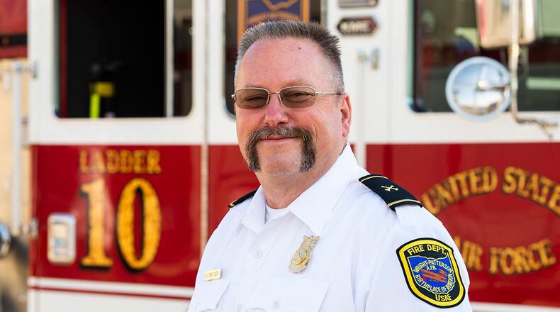 James Snyder, 788th Civil Engineer Squadron district fire chief, is set to retire Oct. 29 with 37 years of combined military and civil service at Wright-Patterson Air Force Base. Snyder worked in the WPAFB boiler plants as an enlisted Airman and civilian, then transferred to the fire department, where he rose through the ranks. U.S. AIR FORCE PHOTO/WESLEY FARNSWORTH