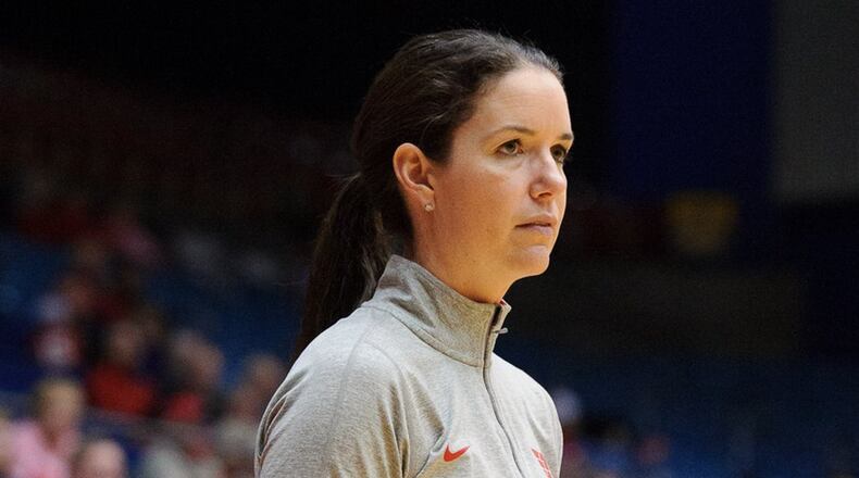 Dayton head coach Shauna Green watches from the bench during Dayton’s Red and Blue Game on Saturday, October 22 at U.D. Arena. Contributed Photo by Bryant Billing