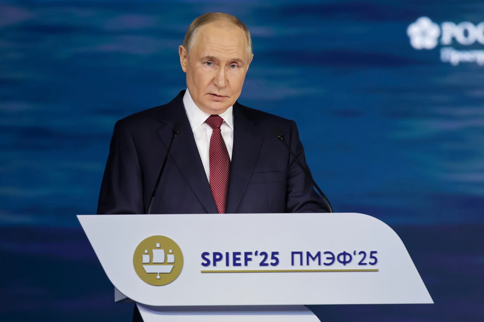 In this photo released by the Roscongress Foundation, Russian President Vladimir Putin speaks at a plenary session of the St. Petersburg International Econimic Forum in St. Petersburg, Russia, Friday, June 20, 2025. (Vyacheslav Viktorov/ Roscongress Foundation via AP)