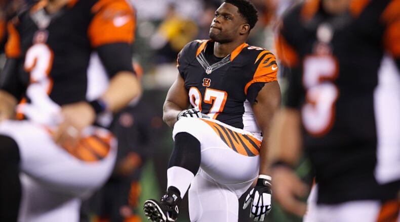 CINCINNATI, OH - JANUARY 09: Geno Atkins #97 of the Cincinnati Bengals warms up prior to the AFC Wild Card Playoff game against the Pittsburgh Steelers at Paul Brown Stadium on January 9, 2016 in Cincinnati, Ohio. (Photo by Joe Robbins/Getty Images)