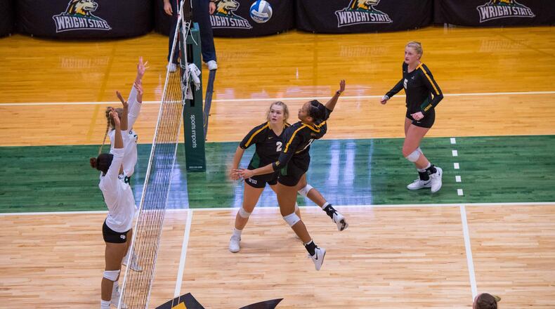 Wright State’s Nyssa Baker prepares to hit the ball at the net vs. Green Bay on Nov. 2, 2019, at McLin Gym. Joseph Craven/WSU Athletics