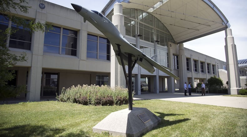 Models of Air Force aircraft, like this B-1B Lancer, adorn the courtyards of management offices on Area B for the Fighters and Bombers Directorate, Air Force Life Cycle Management Center, Air Force Materiel Command, Wright-Patterson Air Force Base. TY GREENLEES / STAFF