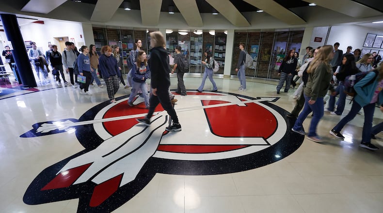 Students changing classes at Tecumseh High School Tuesday, March 4, 2025. The district has a budget reduction plan in place over the next several years. This includes to cut over $800,000 for the 2025-26, over $600,000 if the levy doesn't pass in May, and another over $1 million if two renewal levies fail and new money is not passed. MARSHALL GORBY\STAFF