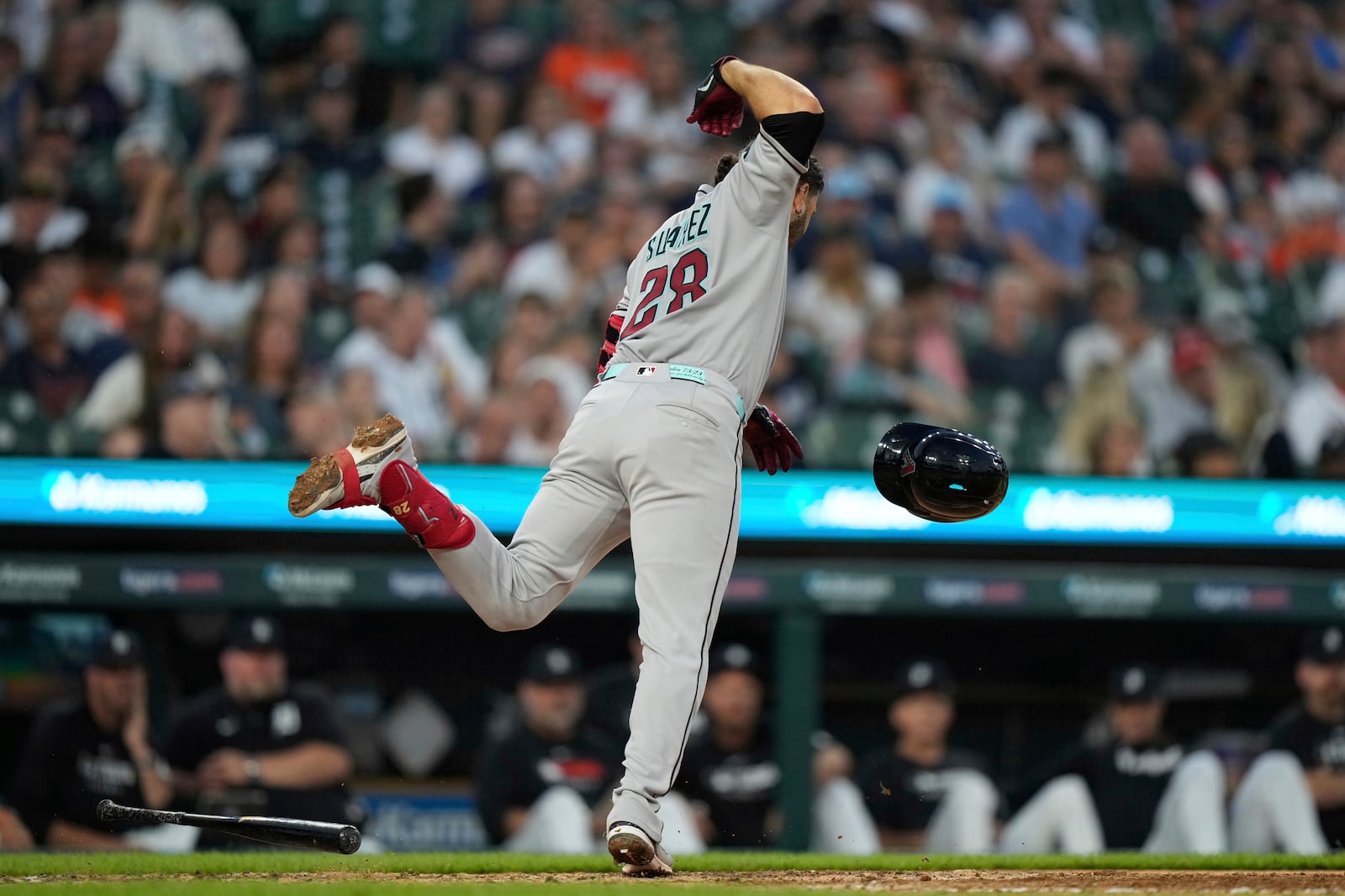 Arizona Diamondbacks' Eugenio Suarez reacts after being hit by a pitch during the ninth inning of a baseball game against the Detroit Tigers Monday, July 28, 2025, in Detroit. (AP Photo/Ryan Sun)