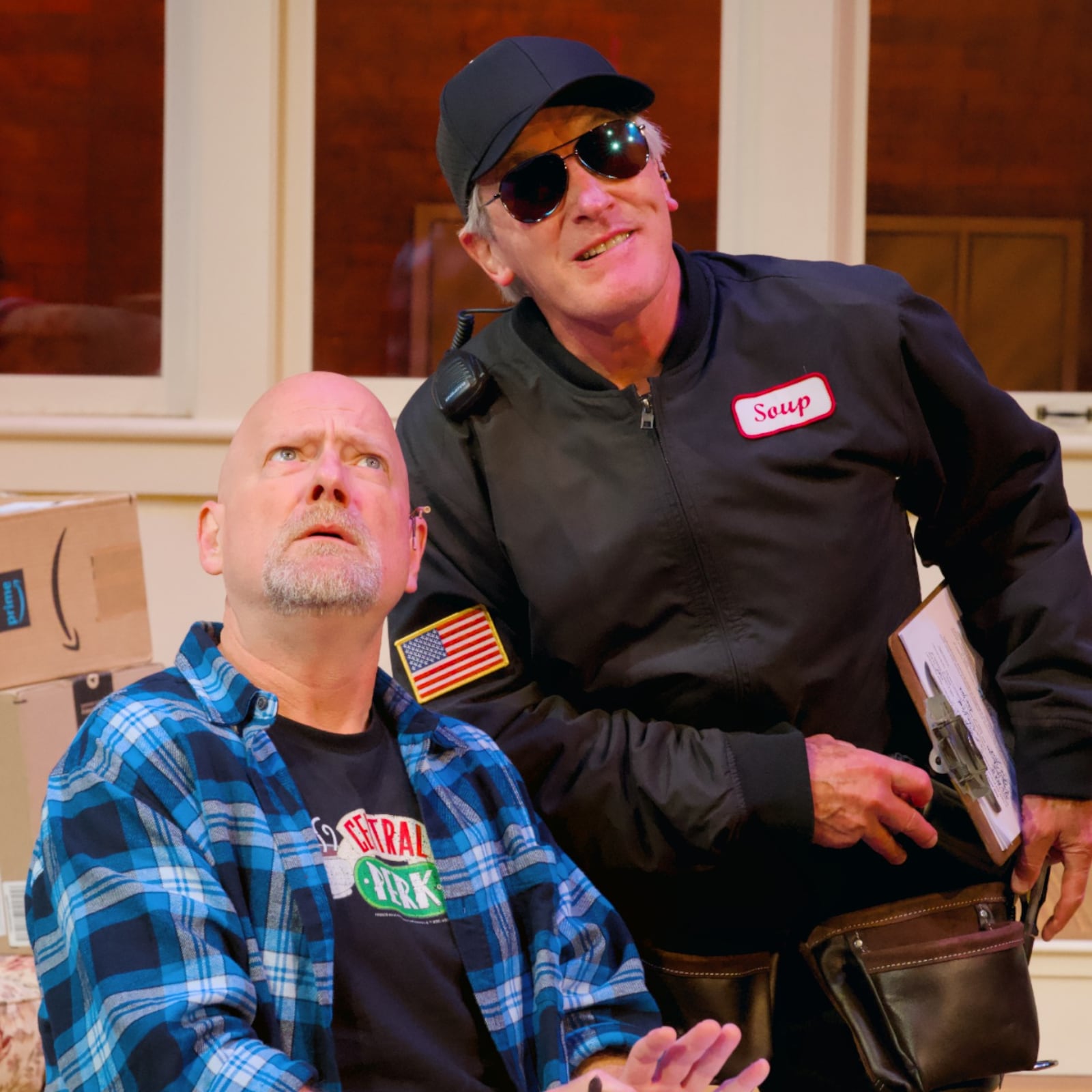 Jason Podplesky (left as Actor 1, Paul) and Bruce Cromer (Actor 2, multiple roles) in the Human Race Theatre Company's production of "Dad's Place." Photo by Judd Plattenberg
