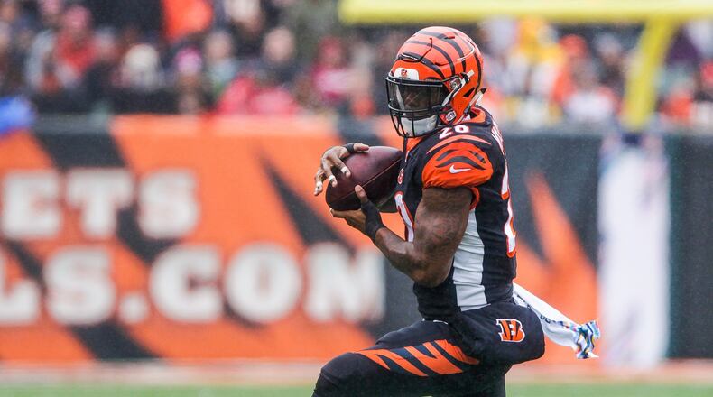 Cincinnati Bengals running back Joe Mixon carries the football during their game against the Pittsburgh Steelers Sunday, Oct. 14 at Paul Brown Stadium in Cincinnati. NICK GRAHAM/STAFF