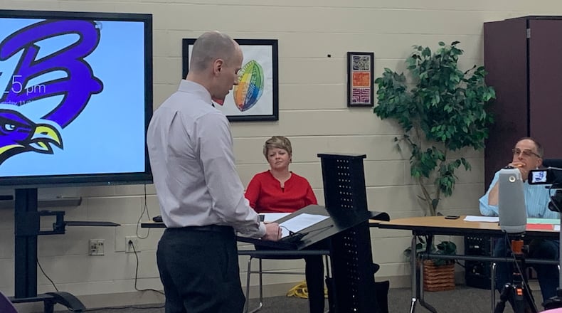 Members of the public address the Bellbrook School Board during their meeting on Thursday, May 11. LONDON BISHOP/STAFF