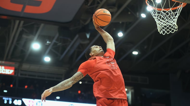 Dayton's De'Shayne Montgomery dunks against Penn State in an exhibition game on Sunday, Oct. 19, 2025, at UD Arena. David Jablonski/Staff