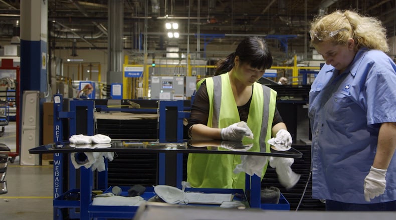 Workers at Moraine’s Fuyao Glass America in a photo from the Netflix documentary “American Factory.” CONTRIBUTED