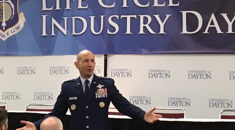 Air Force Gen. James Holmes, the top general at Air Combat Command, speaks at the Air Force Life Cycle Management Center Industry Days on Wednesday at the University of Dayton Research Institute. BARRIE BARBER/STAFF